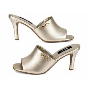 DKNY Women Heeled Slide Sandals Size 6.5 Gold Metallic Mule Open Toe Y2K Chic